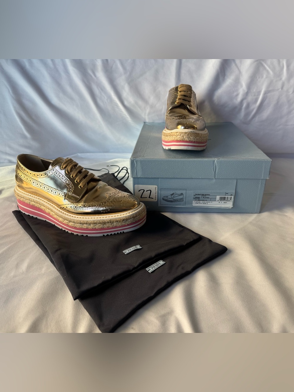 PRADA Gold Metallic Platform Espadrille Brogues Oxfords WingTips Sz 37 Authentic
